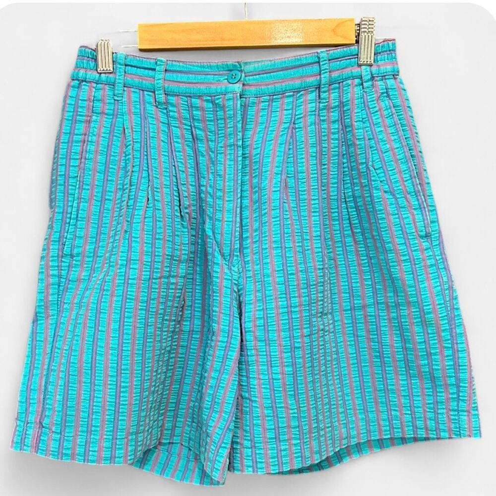 Vintage 90s Woolrich Blue Pink Striped High Waist Pleated Shorts Small - Picture 4 of 8